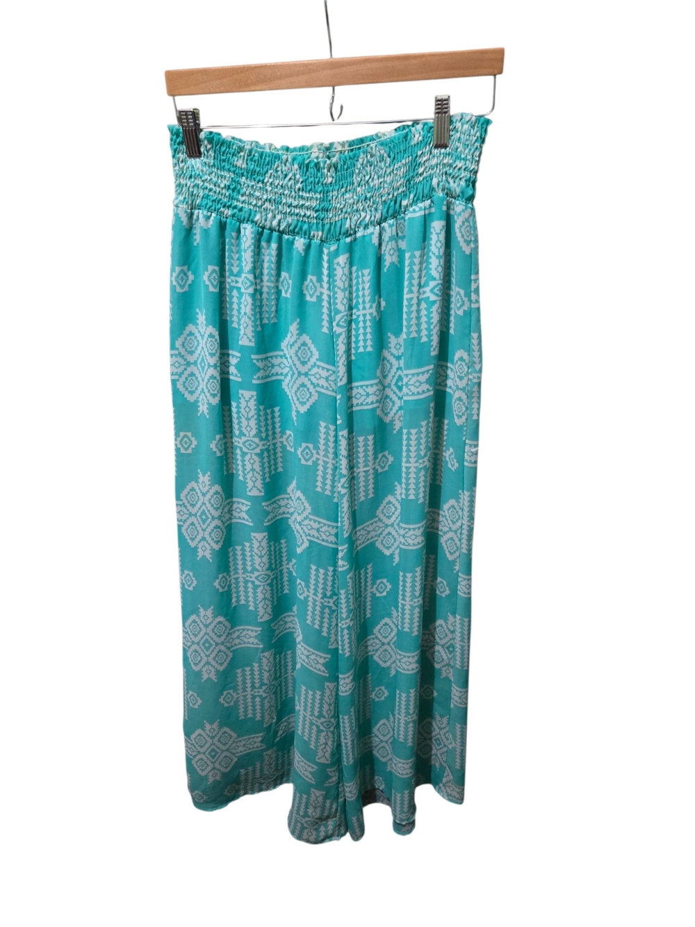 Turquoise Haven Aqua White Tribal Print Smocked Wide Leg Palazzo Pants L